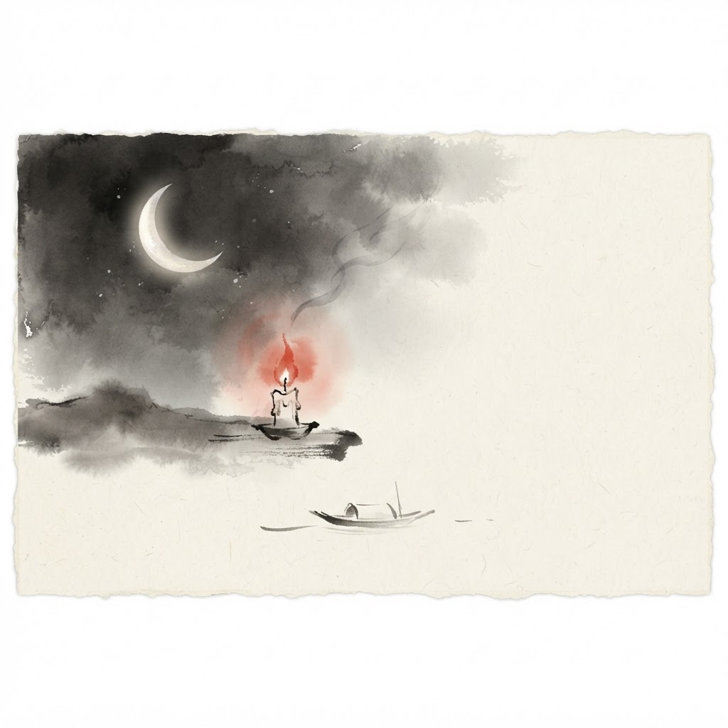 Ilustración en acuarela de una vela encendida bajo la luna creciente