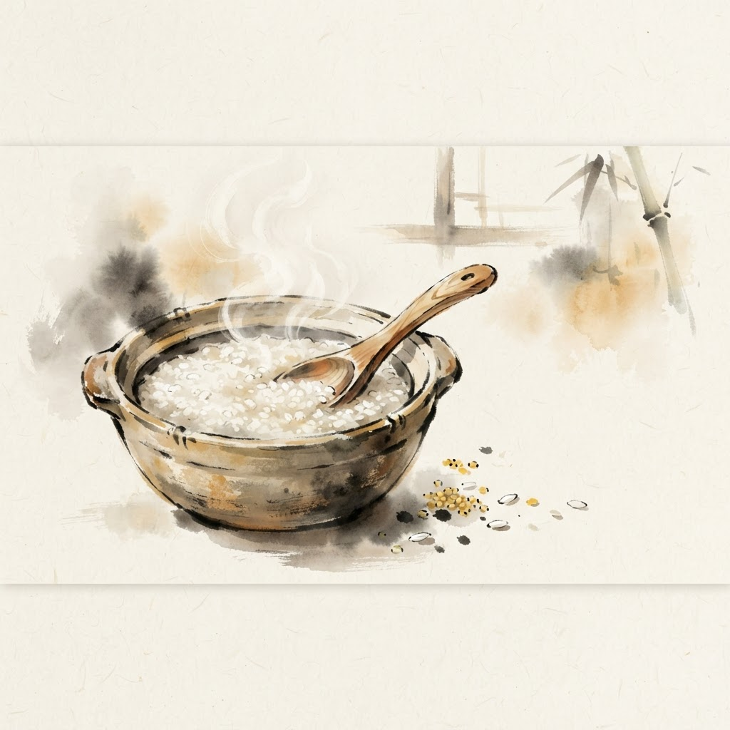 Ilustración en acuarela de un bol de congee humeante con cuchara de madera